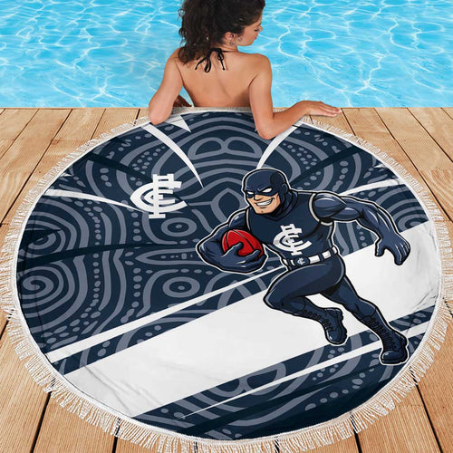 Carlton Blues Australian Football Beach Blanket Superhero Mascot With Indigenous Pattern Art