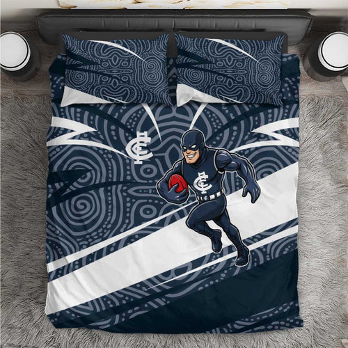 Carlton Blues Australian Football Bedding Set Superhero Mascot With Indigenous Pattern Art