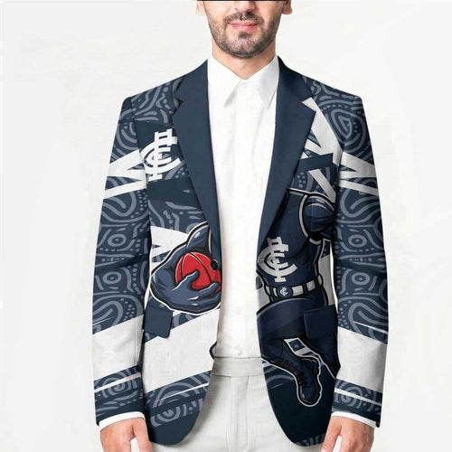 Carlton Blues Australian Football Blazer Superhero Mascot With Indigenous Pattern Art