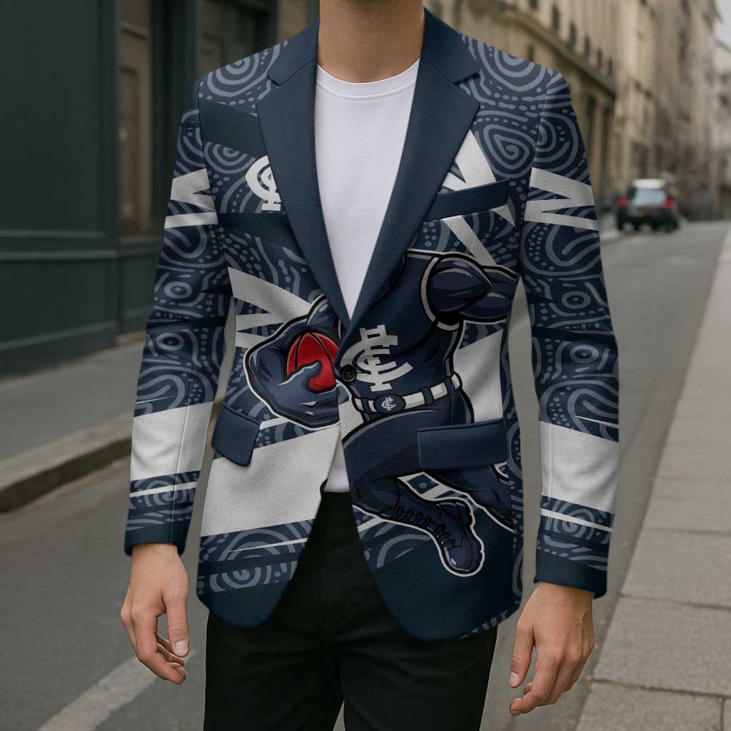 Carlton Blues Australian Football Blazer Superhero Mascot With Indigenous Pattern Art