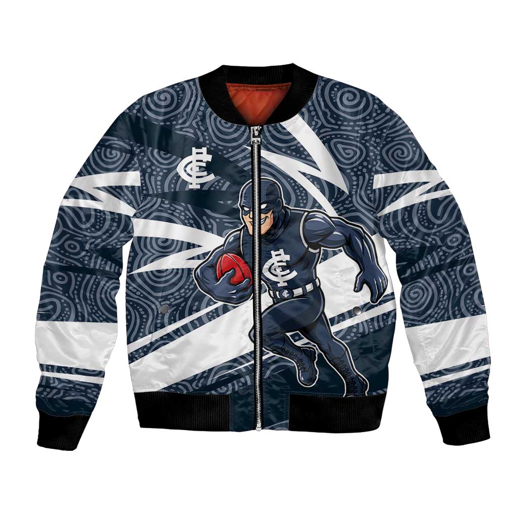 Carlton Blues Australian Football Bomber Jacket Superhero Mascot With Indigenous Pattern Art