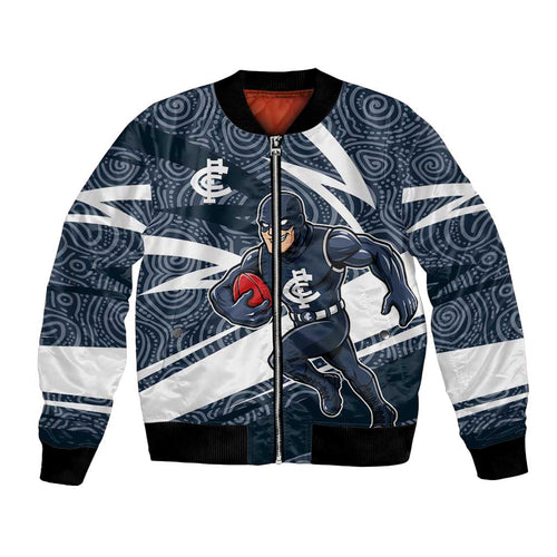 Carlton Blues Australian Football Bomber Jacket Superhero Mascot With Indigenous Pattern Art