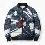 Carlton Blues Australian Football Bomber Puffer Jacket Superhero Mascot With Indigenous Pattern Art
