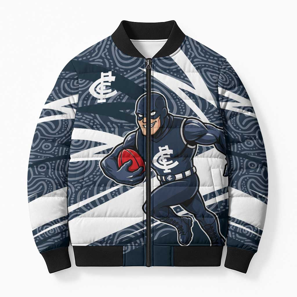 Carlton Blues Australian Football Bomber Puffer Jacket Superhero Mascot With Indigenous Pattern Art