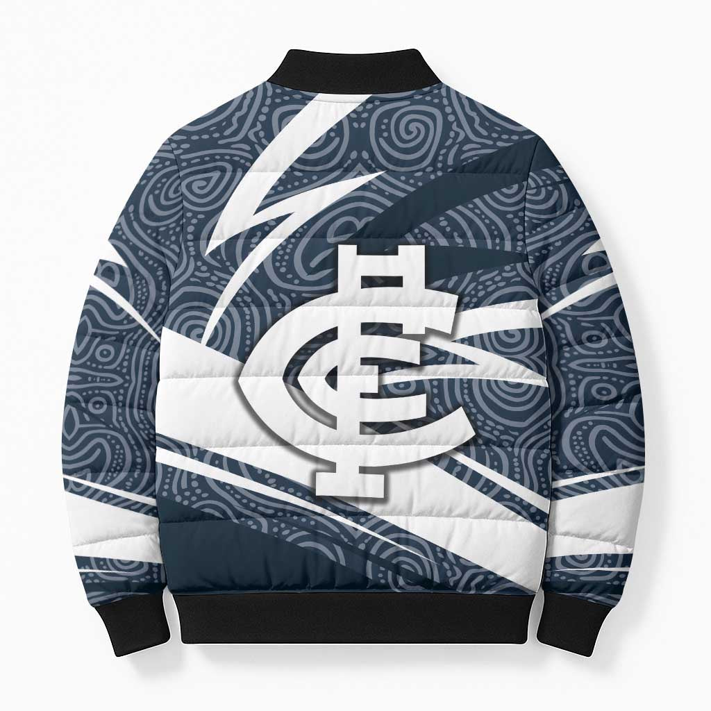 Carlton Blues Australian Football Bomber Puffer Jacket Superhero Mascot With Indigenous Pattern Art