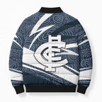 Carlton Blues Australian Football Bomber Puffer Jacket Superhero Mascot With Indigenous Pattern Art
