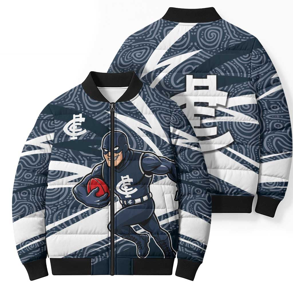Carlton Blues Australian Football Bomber Puffer Jacket Superhero Mascot With Indigenous Pattern Art