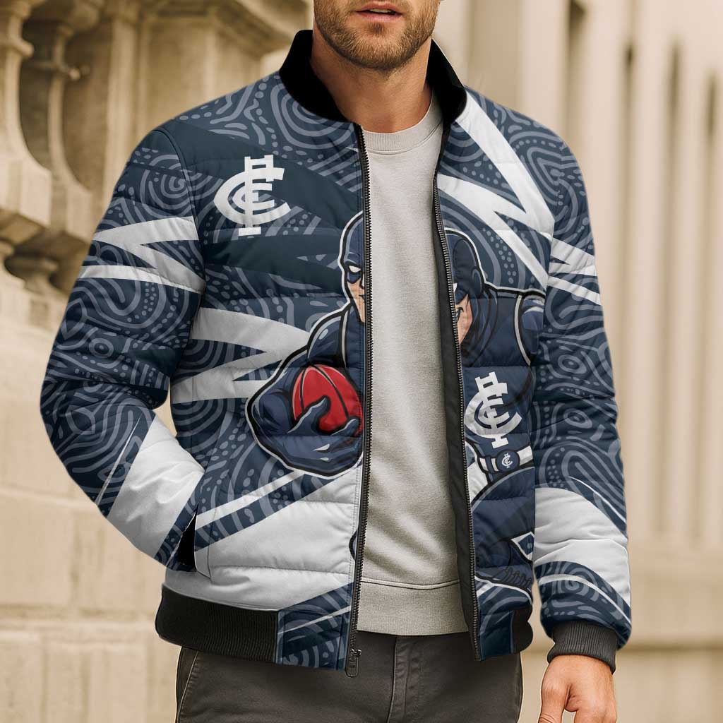 Carlton Blues Australian Football Bomber Puffer Jacket Superhero Mascot With Indigenous Pattern Art