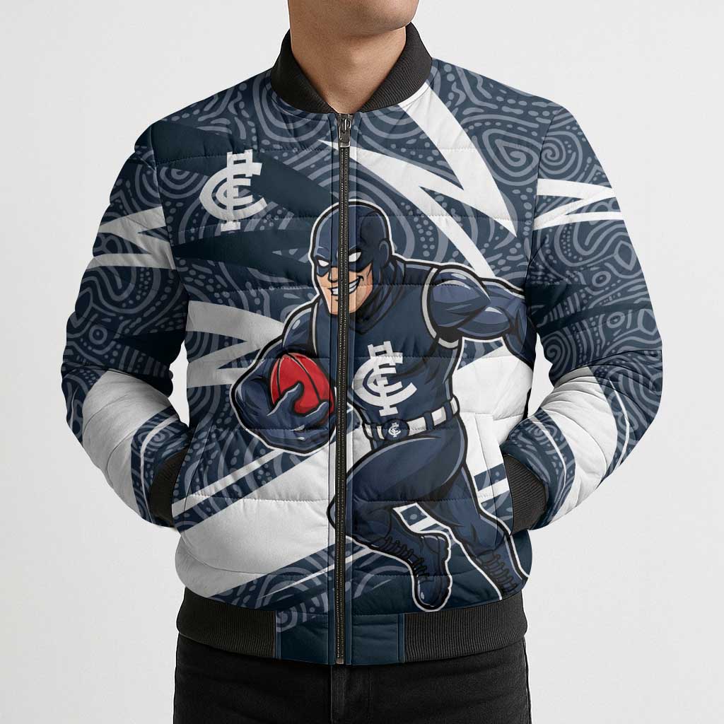 Carlton Blues Australian Football Bomber Puffer Jacket Superhero Mascot With Indigenous Pattern Art