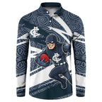 Carlton Blues Australian Football Button Sweatshirt Superhero Mascot With Indigenous Pattern Art