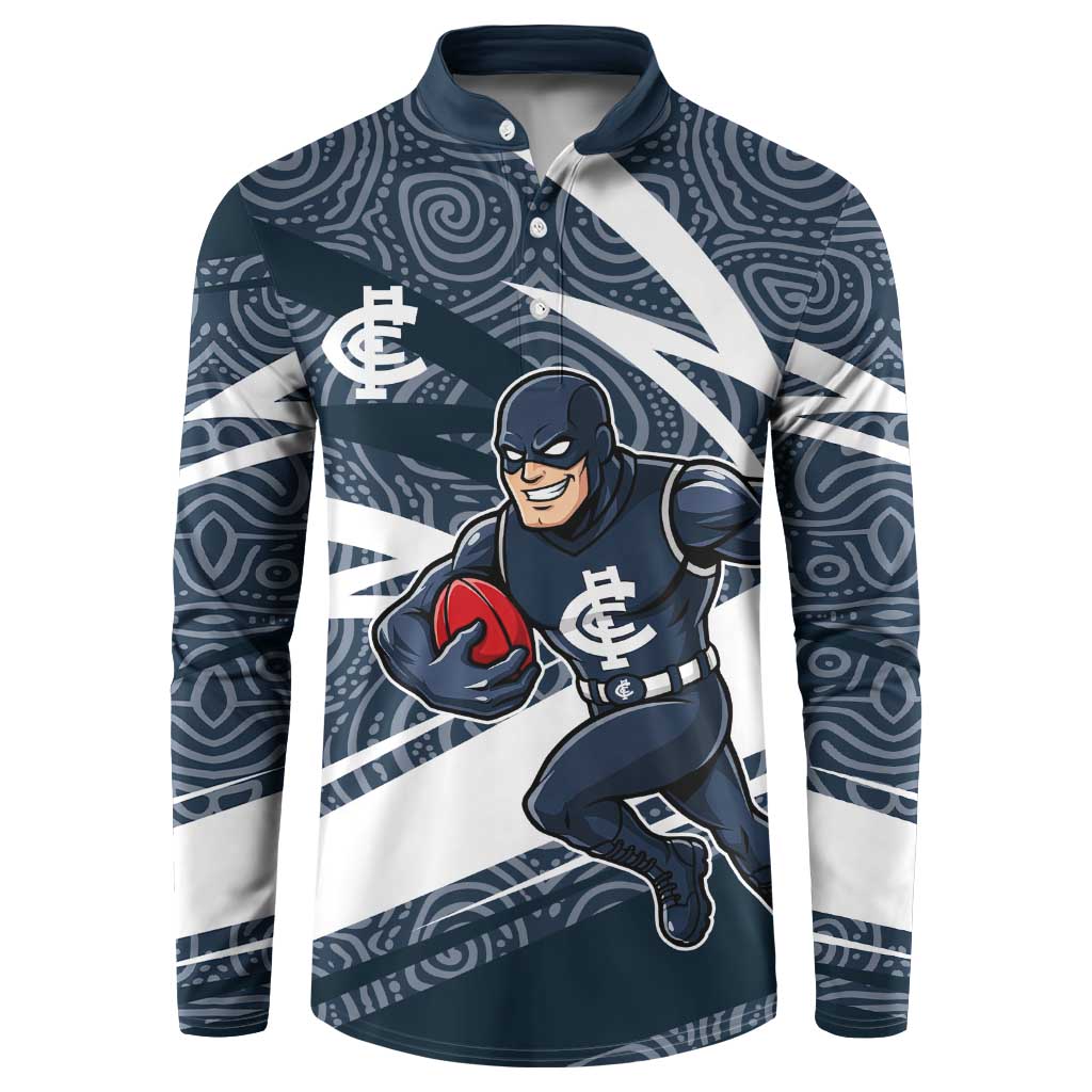 Carlton Blues Australian Football Button Sweatshirt Superhero Mascot With Indigenous Pattern Art