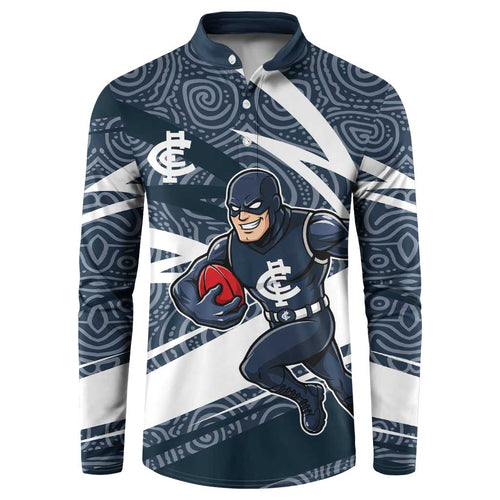 Carlton Blues Australian Football Button Sweatshirt Superhero Mascot With Indigenous Pattern Art