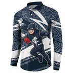 Carlton Blues Australian Football Button Sweatshirt Superhero Mascot With Indigenous Pattern Art