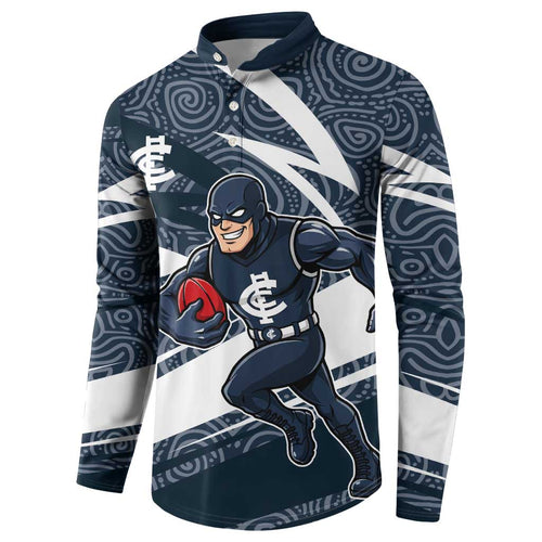 Carlton Blues Australian Football Button Sweatshirt Superhero Mascot With Indigenous Pattern Art