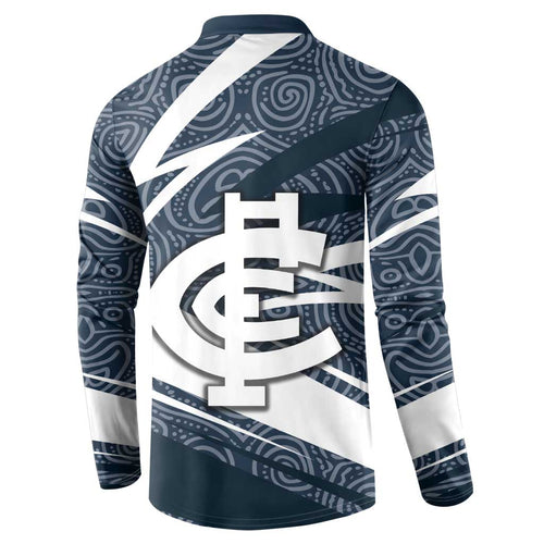 Carlton Blues Australian Football Button Sweatshirt Superhero Mascot With Indigenous Pattern Art