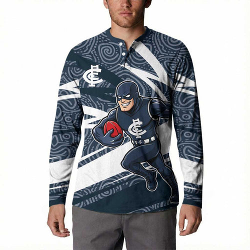 Carlton Blues Australian Football Button Sweatshirt Superhero Mascot With Indigenous Pattern Art