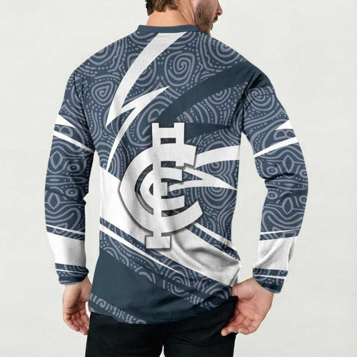 Carlton Blues Australian Football Button Sweatshirt Superhero Mascot With Indigenous Pattern Art