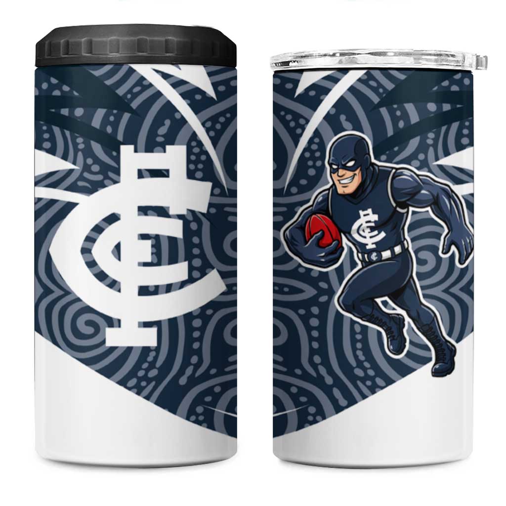 Carlton Blues Australian Football 4 in 1 Can Cooler Tumbler Superhero Mascot With Indigenous Pattern Art