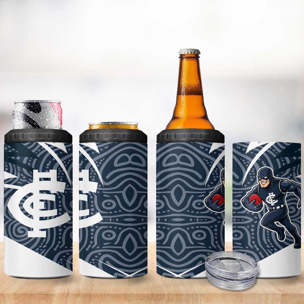 Carlton Blues Australian Football 4 in 1 Can Cooler Tumbler Superhero Mascot With Indigenous Pattern Art
