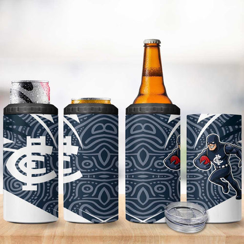 Carlton Blues Australian Football 4 in 1 Can Cooler Tumbler Superhero Mascot With Indigenous Pattern Art