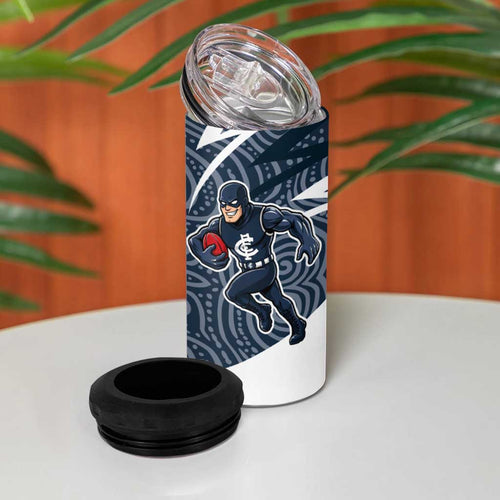 Carlton Blues Australian Football 4 in 1 Can Cooler Tumbler Superhero Mascot With Indigenous Pattern Art