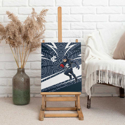 Carlton Blues Australian Football Canvas Wall Art Superhero Mascot With Indigenous Pattern Art