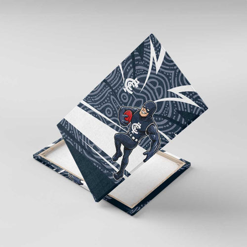 Carlton Blues Australian Football Canvas Wall Art Superhero Mascot With Indigenous Pattern Art