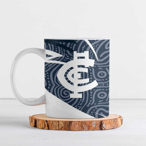 Carlton Blues Australian Football Ceramic Mug Superhero Mascot With Indigenous Pattern Art