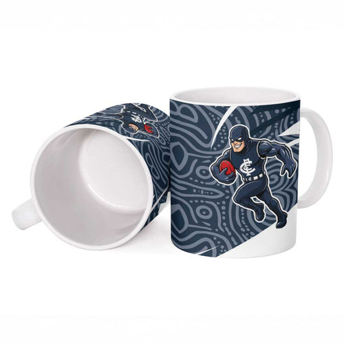 Carlton Blues Australian Football Ceramic Mug Superhero Mascot With Indigenous Pattern Art