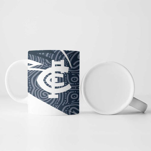 Carlton Blues Australian Football Ceramic Mug Superhero Mascot With Indigenous Pattern Art