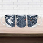 Carlton Blues Australian Football Ceramic Mug Superhero Mascot With Indigenous Pattern Art