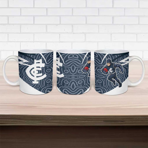 Carlton Blues Australian Football Ceramic Mug Superhero Mascot With Indigenous Pattern Art