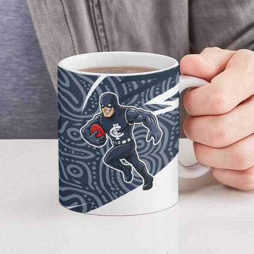 Carlton Blues Australian Football Ceramic Mug Superhero Mascot With Indigenous Pattern Art