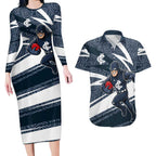 Carlton Blues Australian Football Couples Matching Long Sleeve Bodycon Dress and Hawaiian Shirt Superhero Mascot With Indigenous Pattern Art