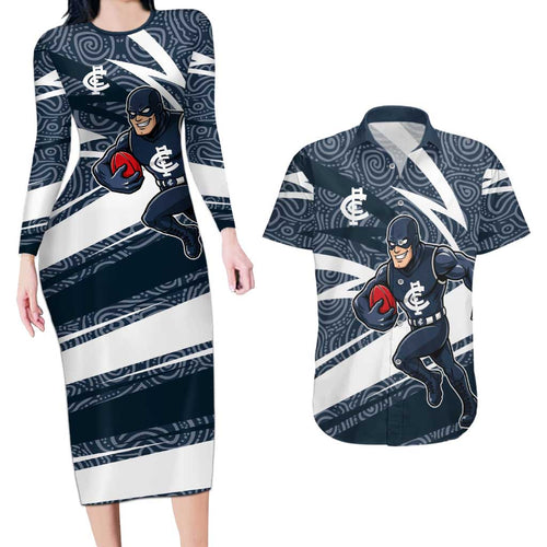 Carlton Blues Australian Football Couples Matching Long Sleeve Bodycon Dress and Hawaiian Shirt Superhero Mascot With Indigenous Pattern Art