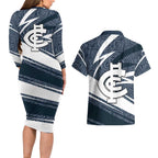Carlton Blues Australian Football Couples Matching Long Sleeve Bodycon Dress and Hawaiian Shirt Superhero Mascot With Indigenous Pattern Art