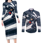 Carlton Blues Australian Football Couples Matching Long Sleeve Bodycon Dress and Long Sleeve Button Shirt Superhero Mascot With Indigenous Pattern Art