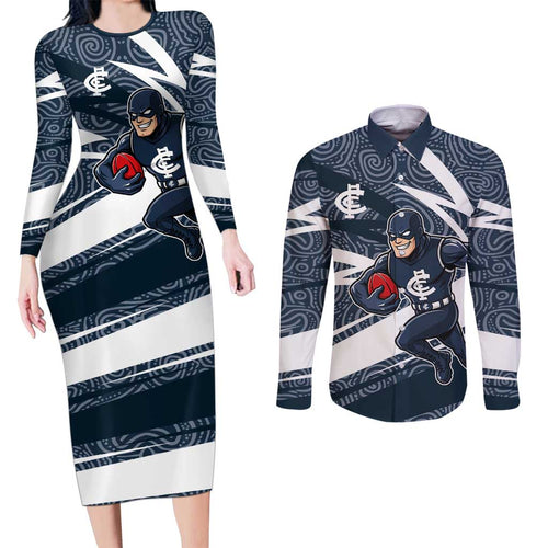 Carlton Blues Australian Football Couples Matching Long Sleeve Bodycon Dress and Long Sleeve Button Shirt Superhero Mascot With Indigenous Pattern Art