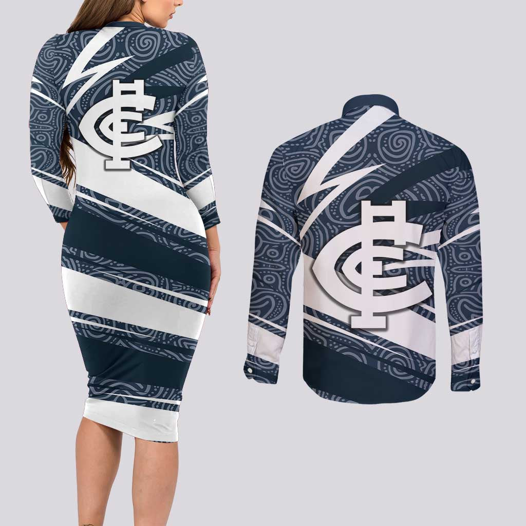 Carlton Blues Australian Football Couples Matching Long Sleeve Bodycon Dress and Long Sleeve Button Shirt Superhero Mascot With Indigenous Pattern Art