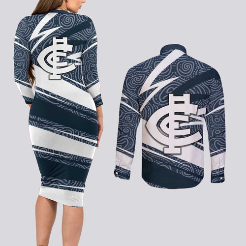Carlton Blues Australian Football Couples Matching Long Sleeve Bodycon Dress and Long Sleeve Button Shirt Superhero Mascot With Indigenous Pattern Art