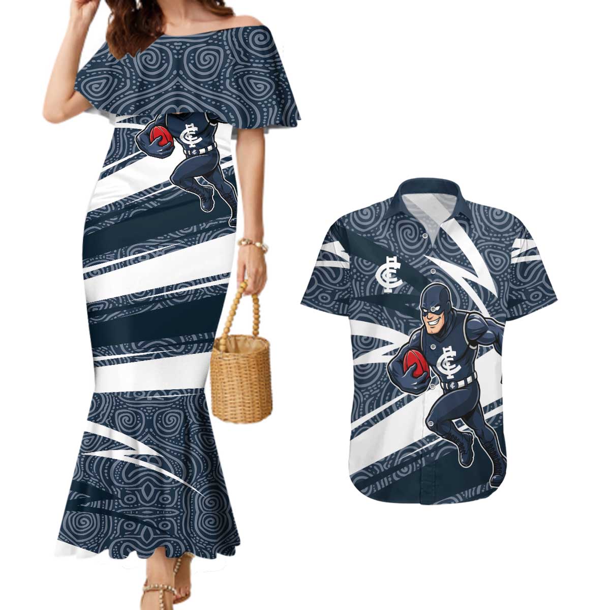 Carlton Blues Australian Football Couples Matching Mermaid Dress and Hawaiian Shirt Superhero Mascot With Indigenous Pattern Art