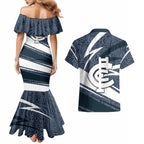 Carlton Blues Australian Football Couples Matching Mermaid Dress and Hawaiian Shirt Superhero Mascot With Indigenous Pattern Art