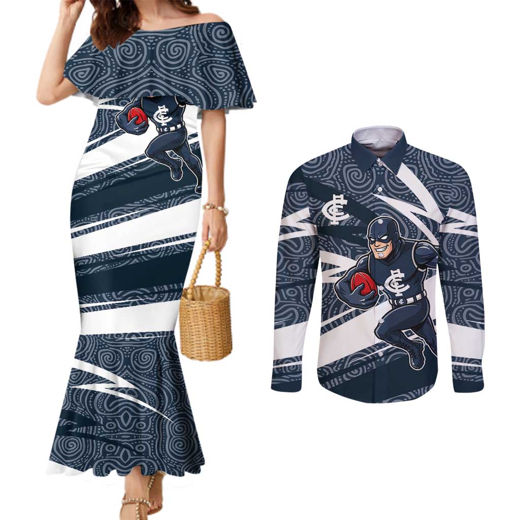 Carlton Blues Australian Football Couples Matching Mermaid Dress and Long Sleeve Button Shirt Superhero Mascot With Indigenous Pattern Art