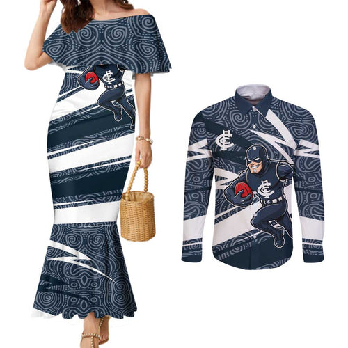 Carlton Blues Australian Football Couples Matching Mermaid Dress and Long Sleeve Button Shirt Superhero Mascot With Indigenous Pattern Art