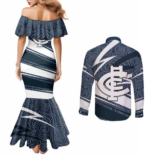 Carlton Blues Australian Football Couples Matching Mermaid Dress and Long Sleeve Button Shirt Superhero Mascot With Indigenous Pattern Art