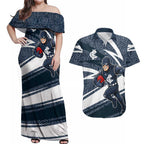 Carlton Blues Australian Football Couples Matching Off Shoulder Maxi Dress and Hawaiian Shirt Superhero Mascot With Indigenous Pattern Art