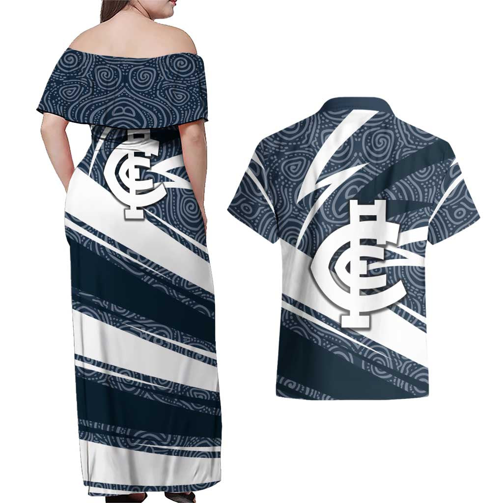 Carlton Blues Australian Football Couples Matching Off Shoulder Maxi Dress and Hawaiian Shirt Superhero Mascot With Indigenous Pattern Art
