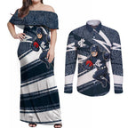 Carlton Blues Australian Football Couples Matching Off Shoulder Maxi Dress and Long Sleeve Button Shirt Superhero Mascot With Indigenous Pattern Art