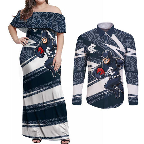Carlton Blues Australian Football Couples Matching Off Shoulder Maxi Dress and Long Sleeve Button Shirt Superhero Mascot With Indigenous Pattern Art