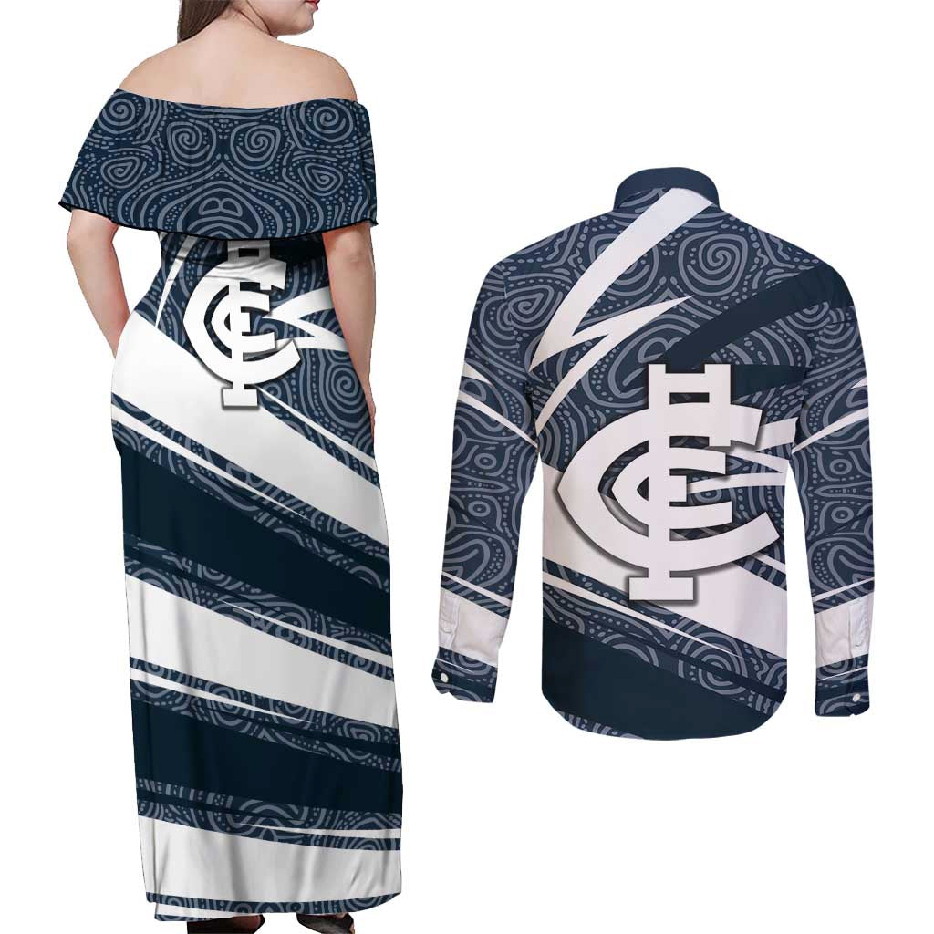Carlton Blues Australian Football Couples Matching Off Shoulder Maxi Dress and Long Sleeve Button Shirt Superhero Mascot With Indigenous Pattern Art